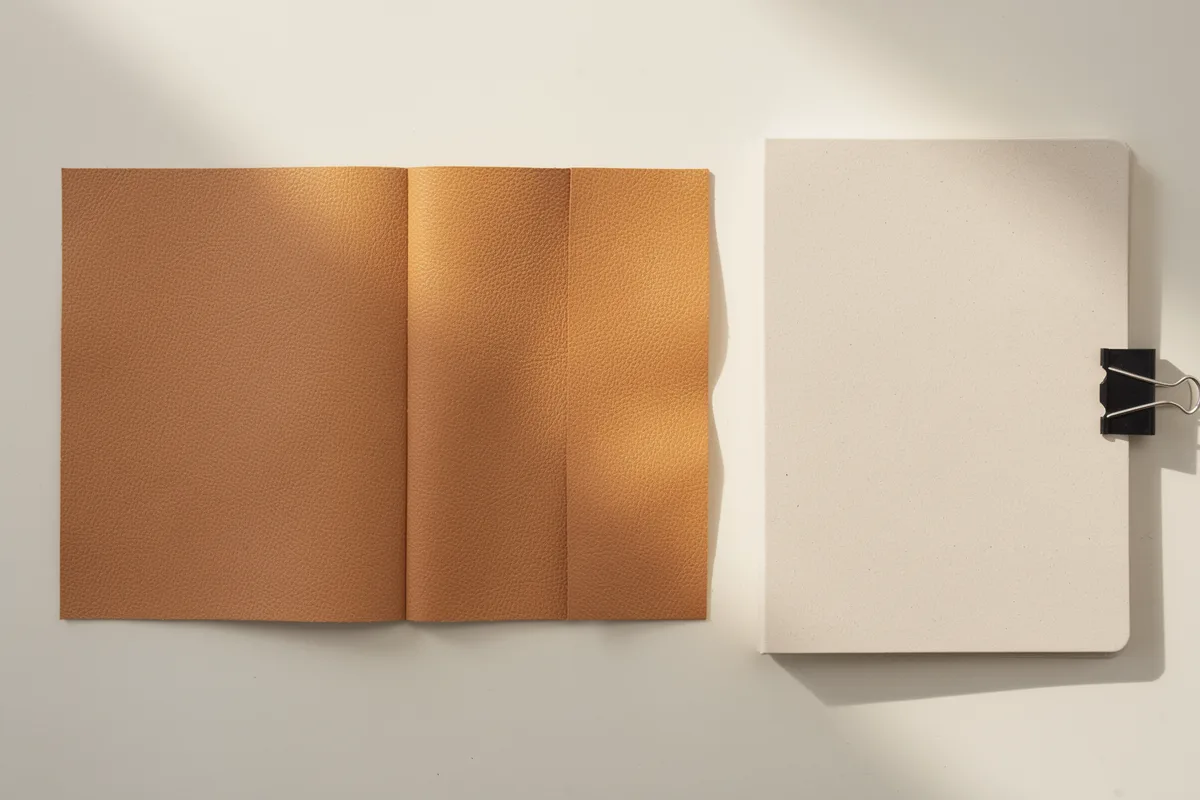 Three tan leather-look swatches in different shades beside a blank clipped folder