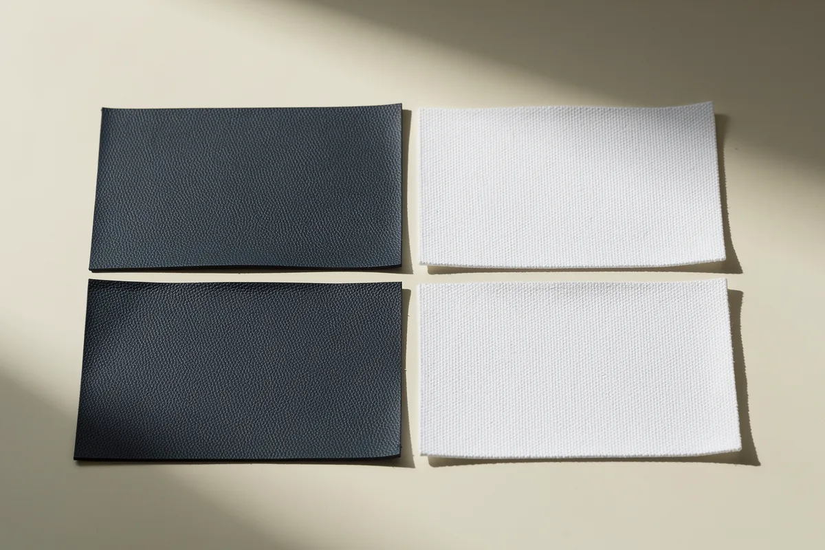 Two dark textured material swatches beside two clean white textile pieces