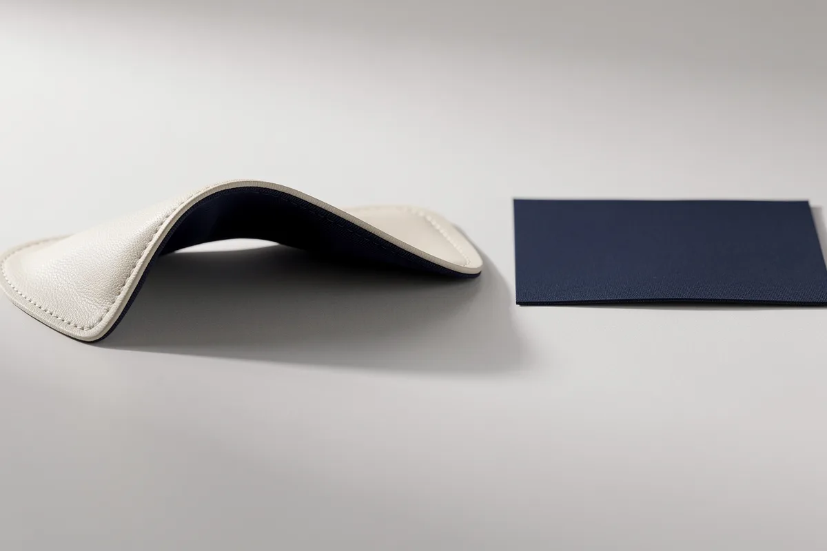 Curved cream and navy stitched sample beside a flat navy swatch