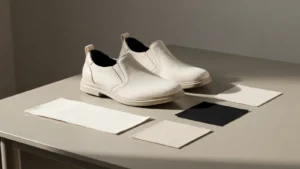 Cream shoes with dark interiors and light and dark material swatches