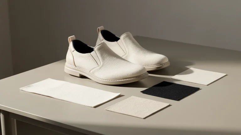 Cream shoes with dark interiors and light and dark material swatches
