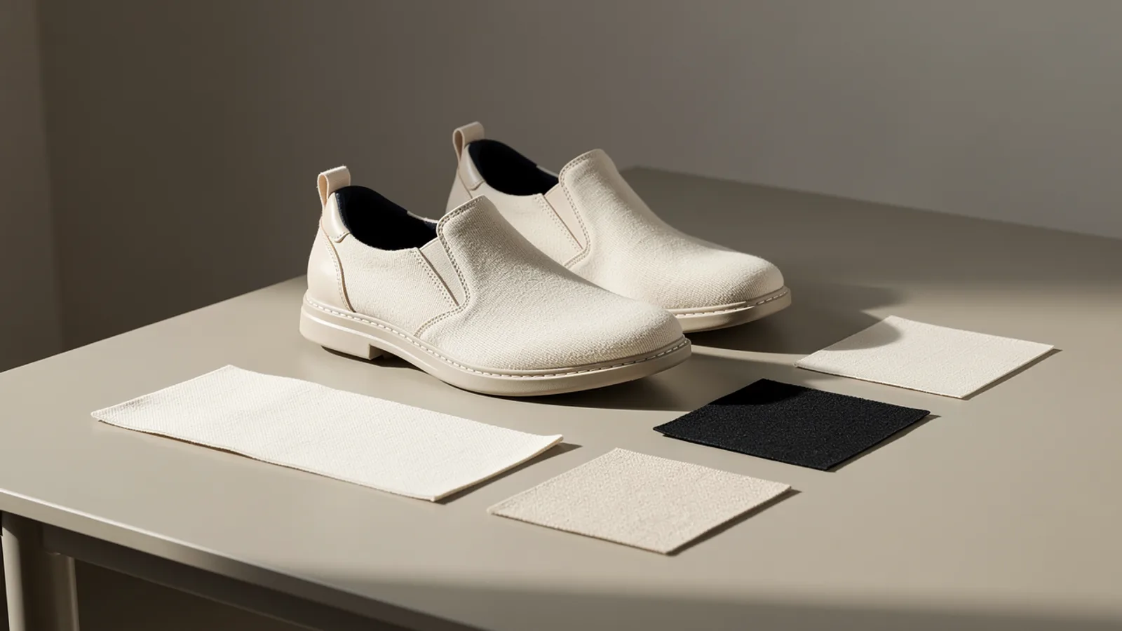 Cream shoes with dark interiors and light and dark material swatches