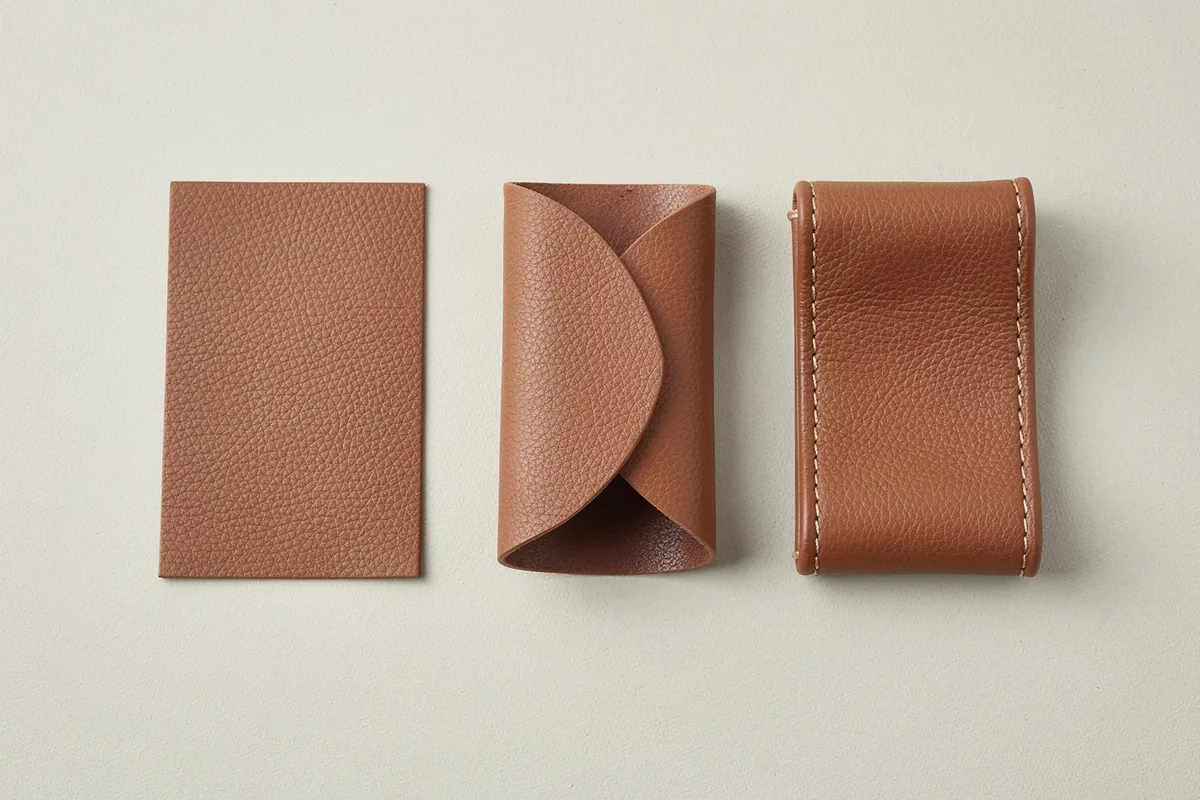 Flat, folded and stitched cognac material specimens on a workbench