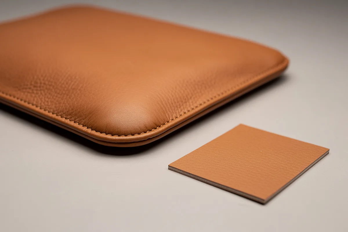 Close view of a rounded stitched cognac flap corner beside a flat swatch