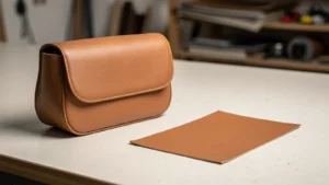 Cognac flap bag beside a flat material swatch on a workbench