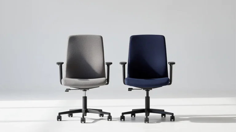 Two concept office chairs with matching shapes and contrasting coated and woven upholstery