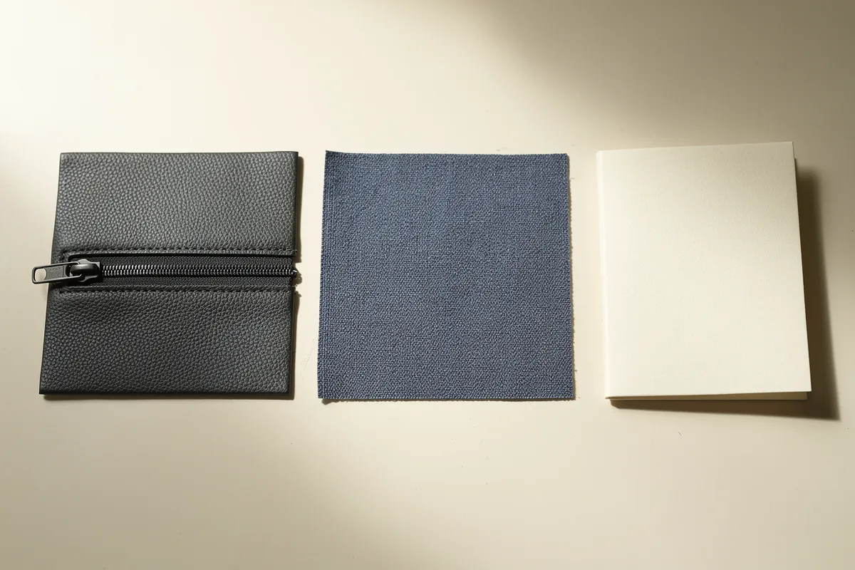 Dark coated-textile zipper panel beside a blue fabric panel and a plain sample folder