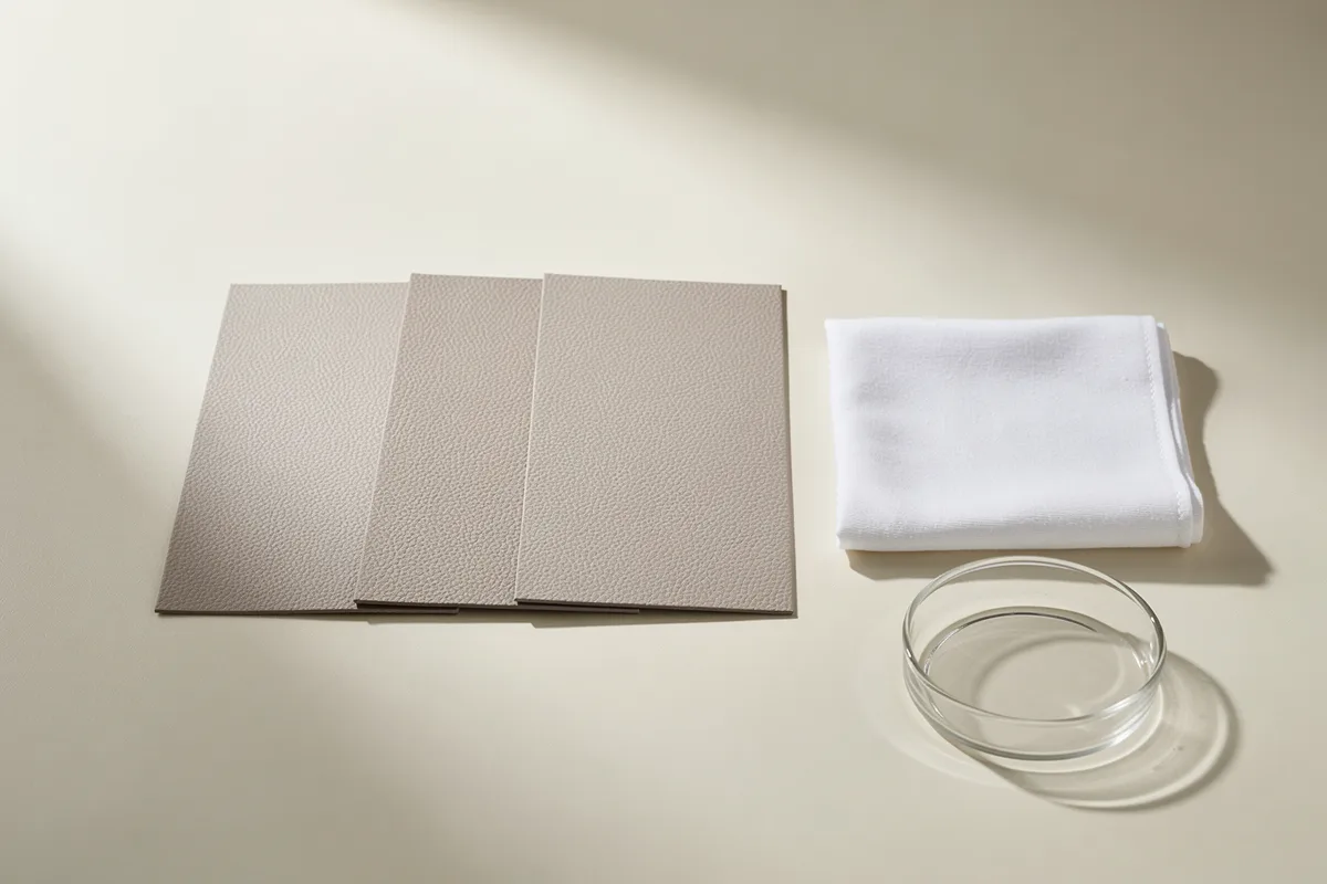 Three taupe textured swatches with a folded white cloth and empty glass dish