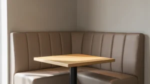 Taupe upholstered restaurant corner booth beside a wooden table