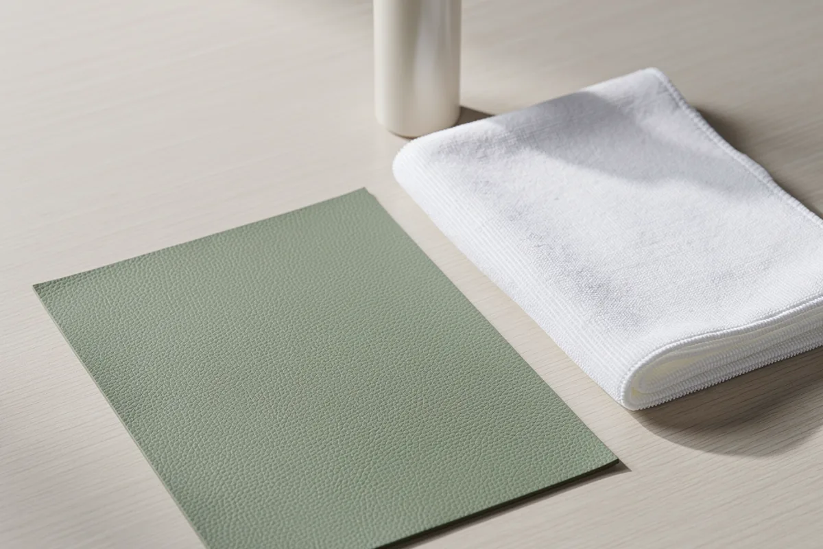 Sage textured upholstery swatch beside a folded white cloth and plain bottle