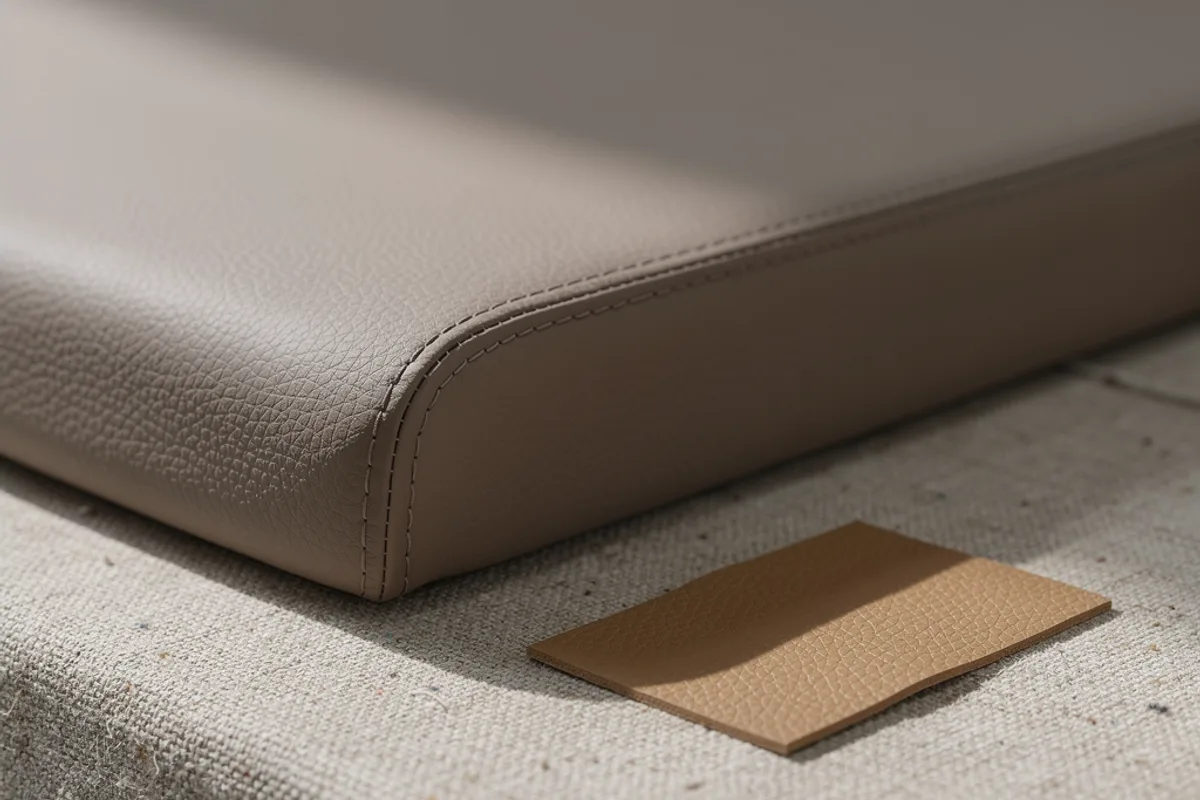 Stitched taupe cushion edge beside a tan upholstery swatch
