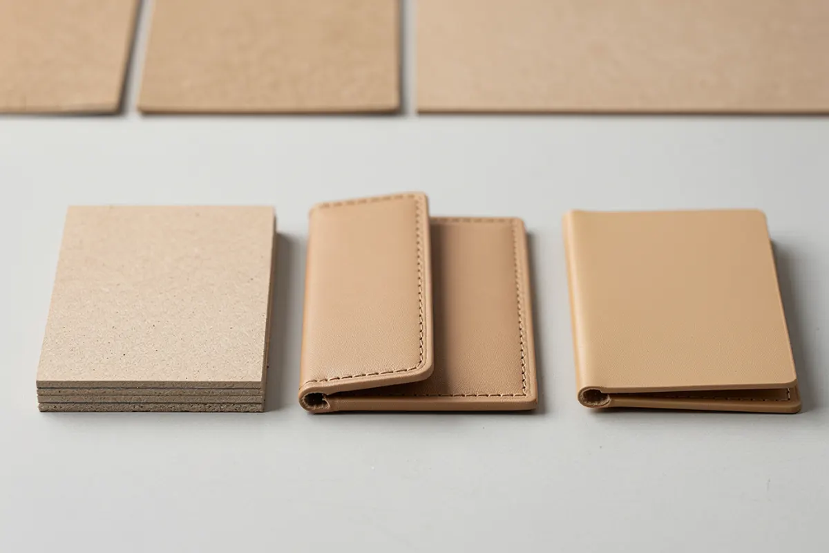 Tan cut material pieces and folded stitched accessory mockups on a worktable