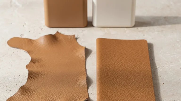 Tan material swatches beside two small accessory prototypes on a light worktable
